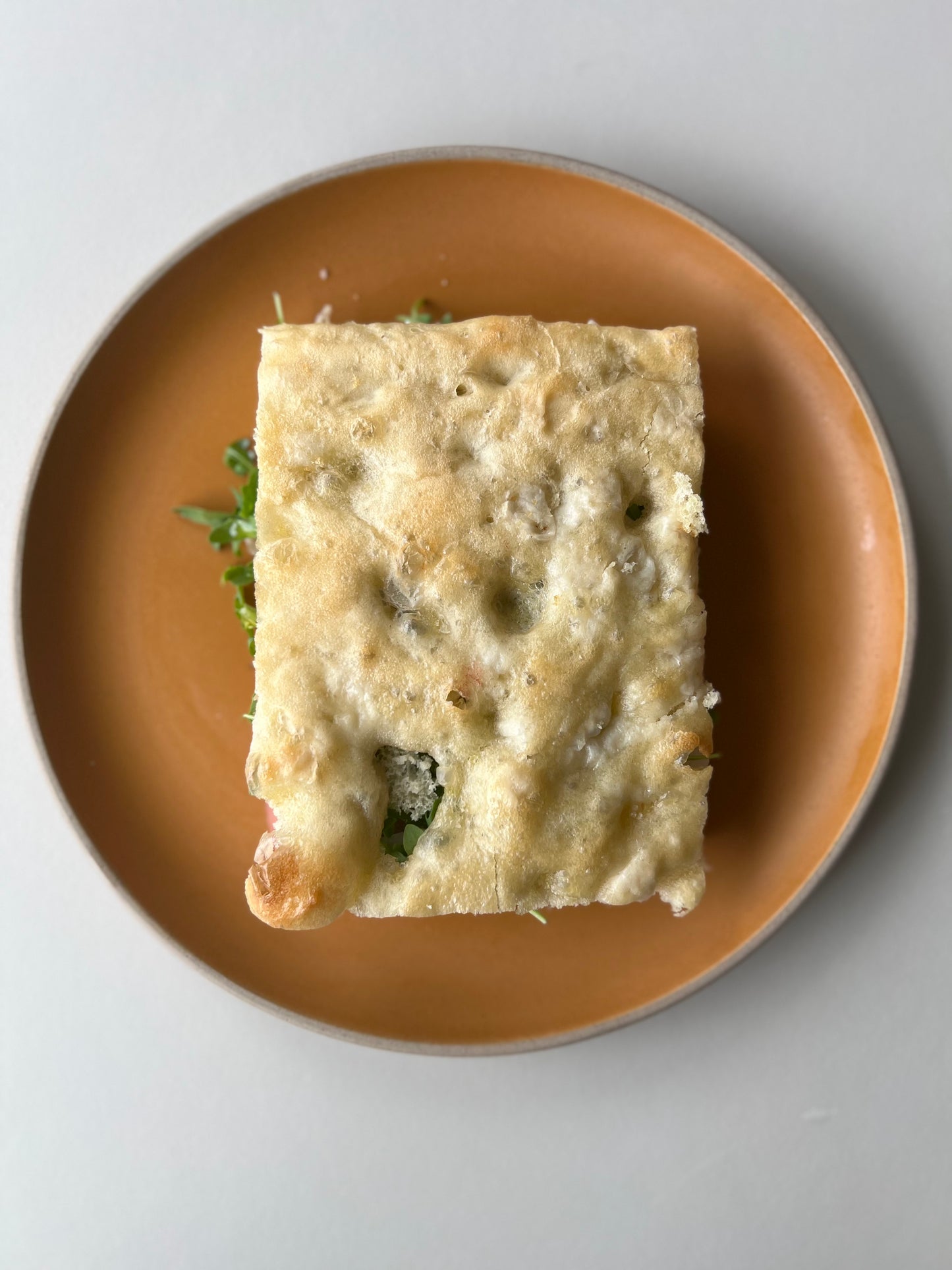 Genoa Focaccia sandwich with pesto and creamy mozza (vegetarian)